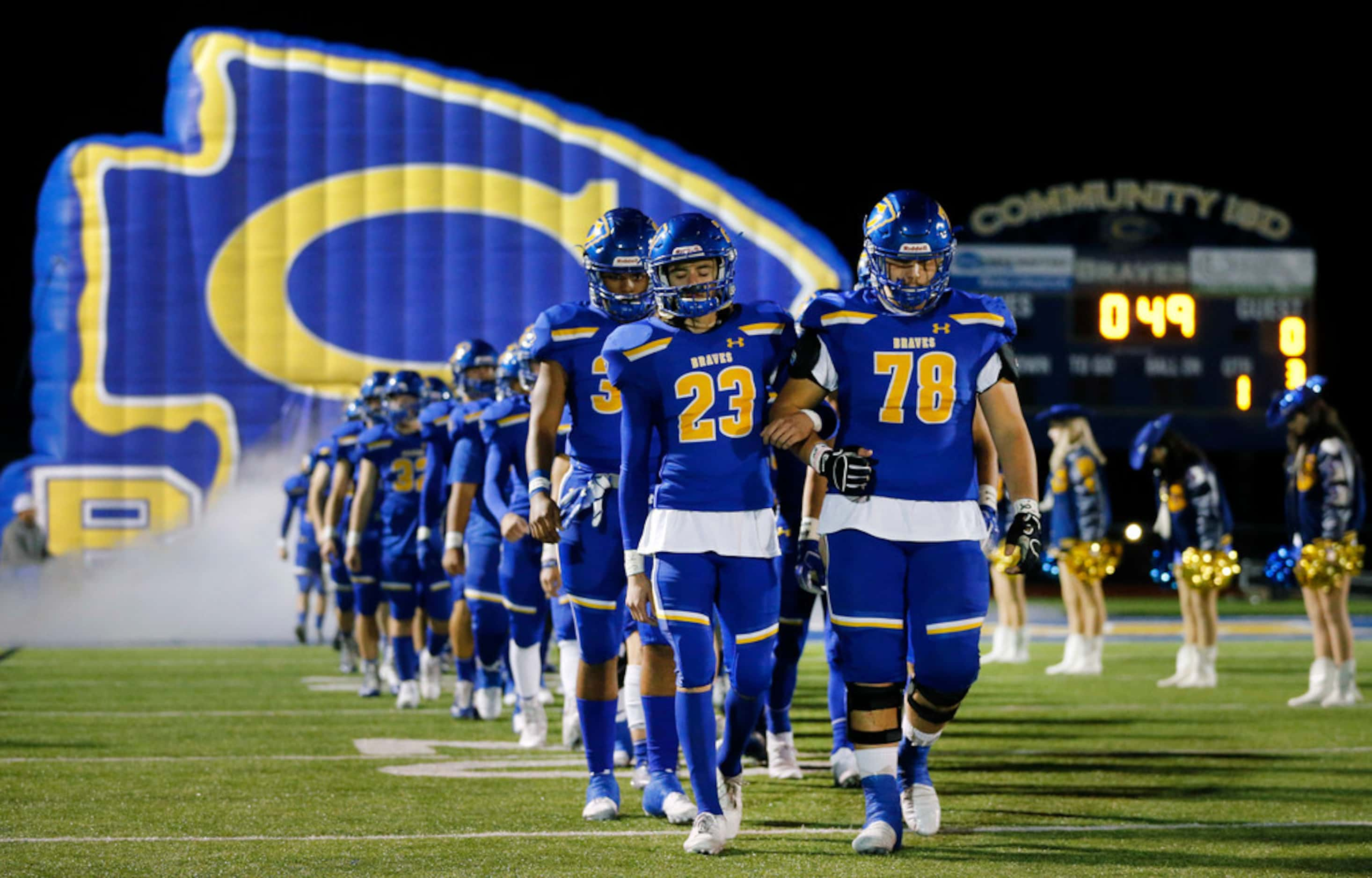 Community High football players, including Tanner Phillips (23) and Noe Rodriguez (78),...