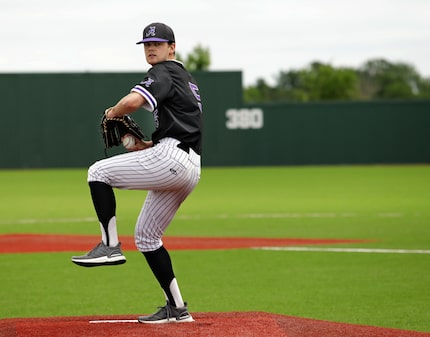 Rawley Hector warms up his pitching arm at Anna High School in Anna, TX, on May 4, 2021....