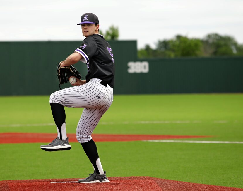 Rawley Hector warms up his pitching arm at Anna High School in Anna, TX, on May 4, 2021.