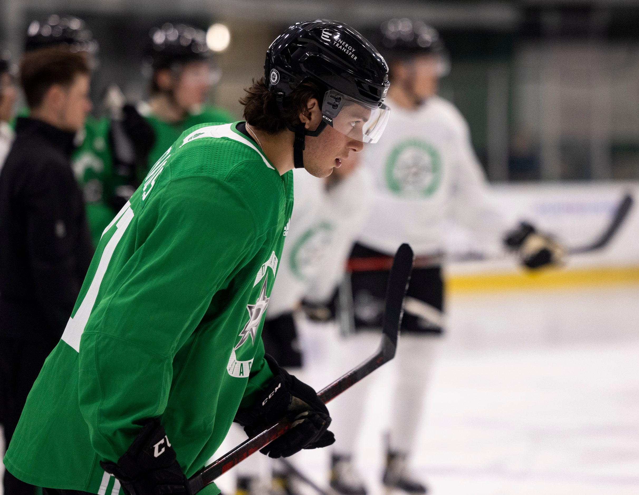 Antonio Stanges (71) participates in a drill during the Stars’ annual development camp Group...