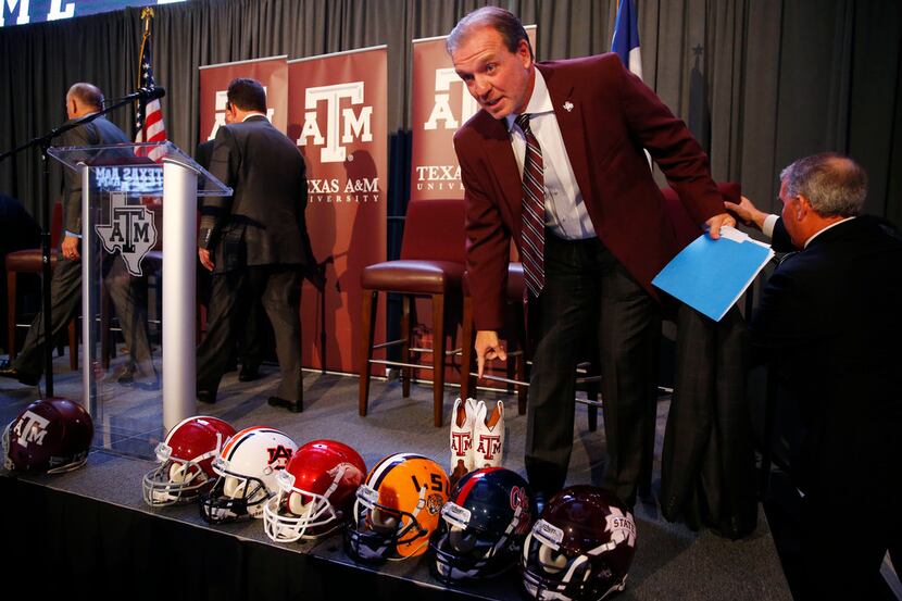 Texas A&M head coach Jimbo Fisher is pictured at a press conference at Kyle Field in College...