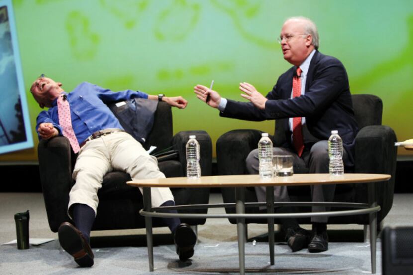 James Carville (left) laughed as Karl Rove replied during the two political consultants'...