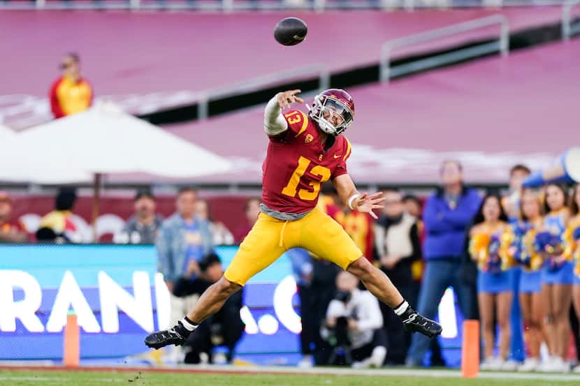 FILE - Southern California quarterback Caleb Williams throws a pass during the second half...