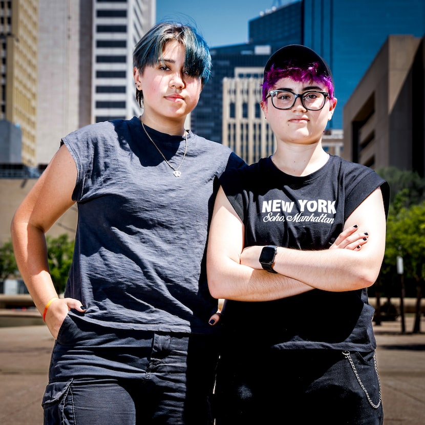 From left, Oma Lesley, 17, and Valeria Barbosa, 19, pose together for a portrait during an...