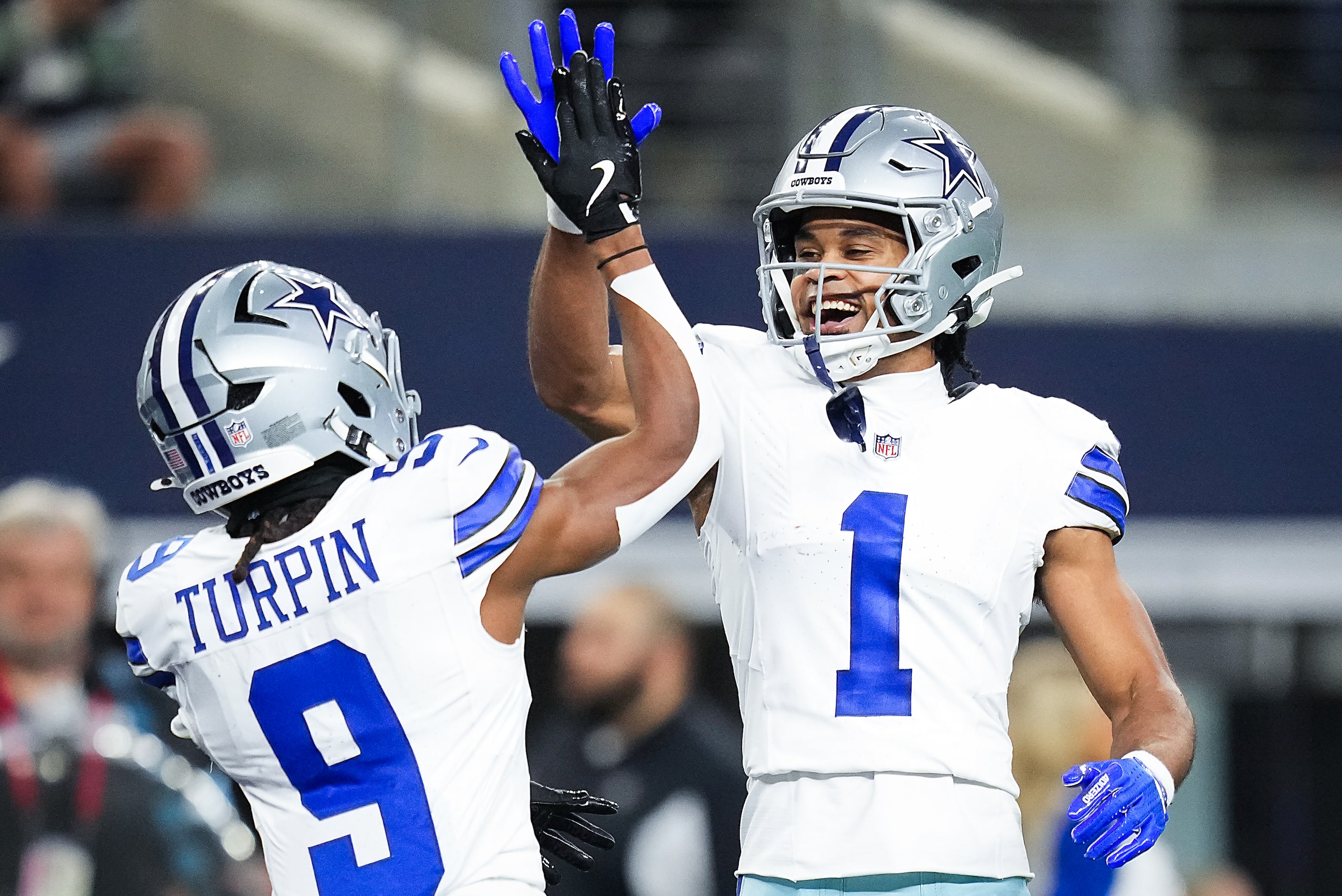 Dallas Cowboys wide receiver Jalen Tolbert (1) celebrates with wide receiver KaVontae Turpin...