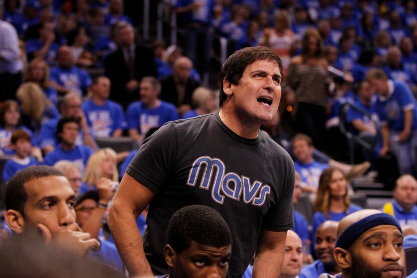 Dallas Mavericks owner Mark Cuban yells from the sideline in a game against the Oklahoma...