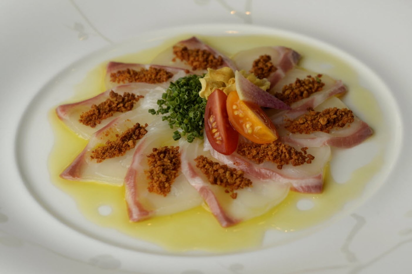 Madai (sea bream) sashimi with miso crumble 