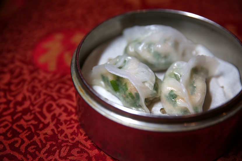 Steamed shrimp-and-Chinese-chive dumplings at Kirin Court. Look for seafood dumplings with...