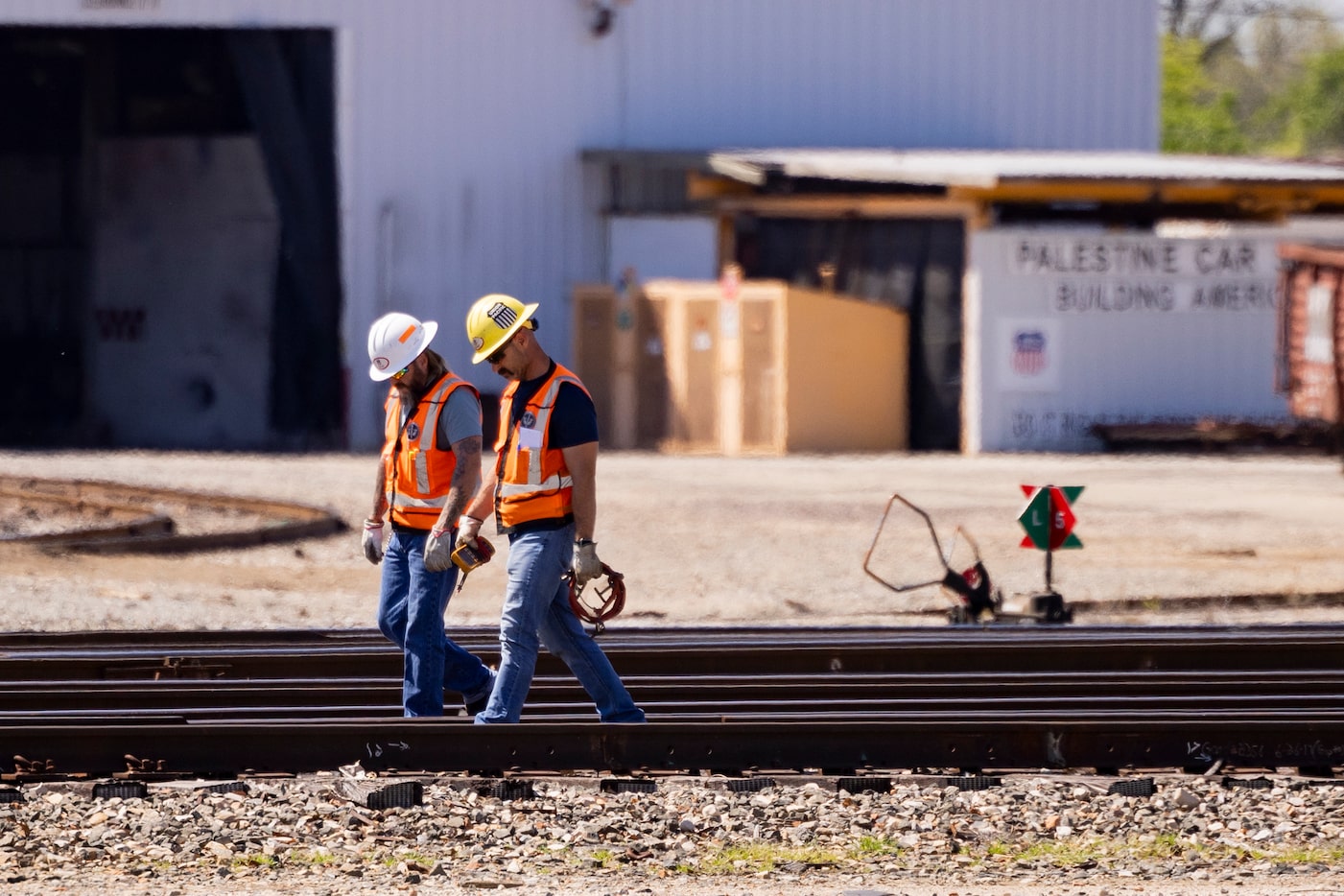 Union Pacific trackmen work at the Union Pacific Railroad rail yard on Thursday, March 28,...