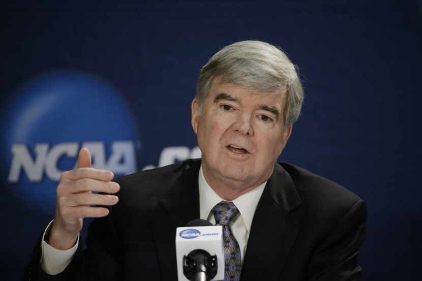 NCAA President Mark Emmert answers a question at a news conference Sunday, April 6, 2014, in...