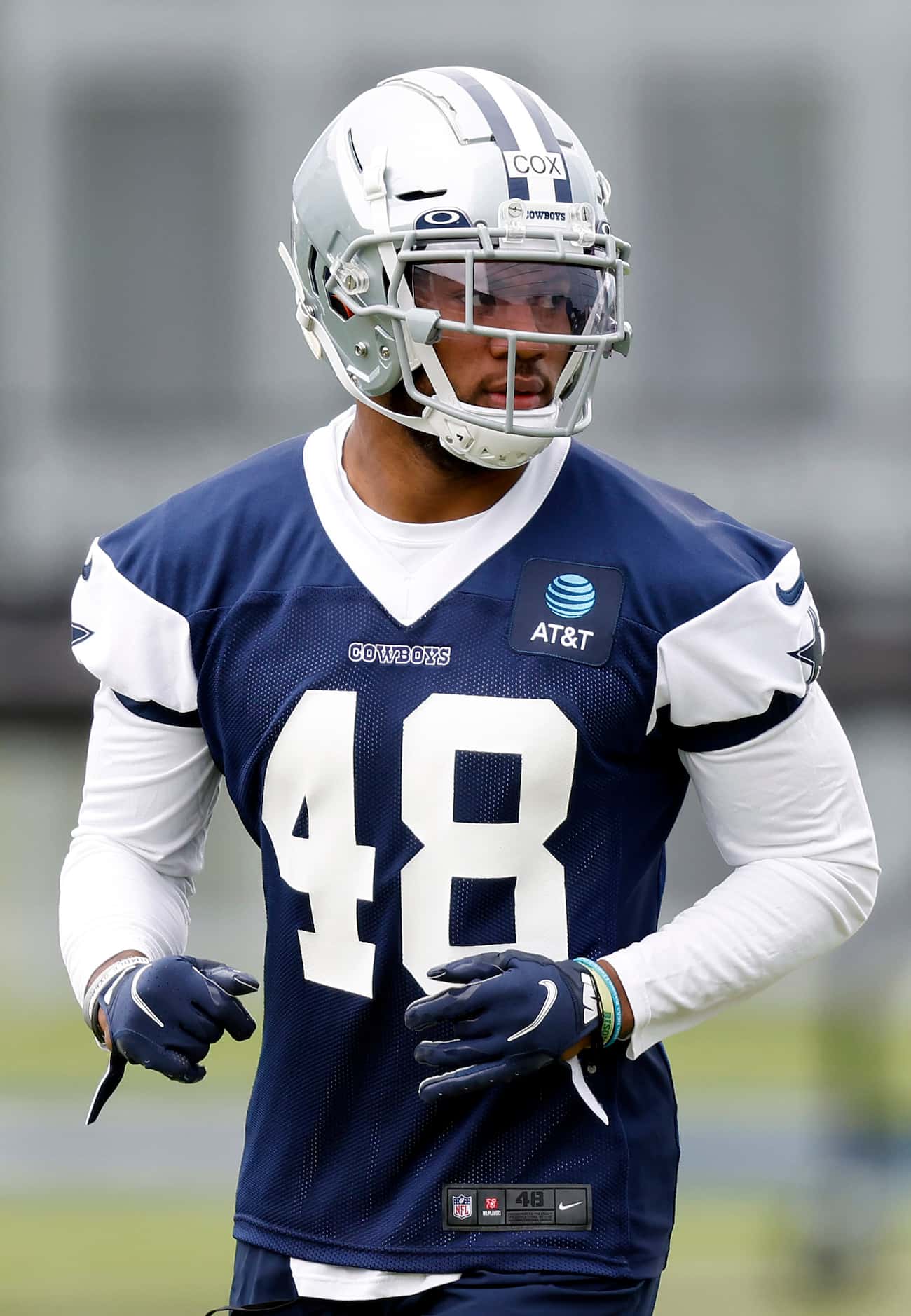 Dallas Cowboys rookie linebacker Jabril Cox (48)
lines up for a drill during rookie minicamp...