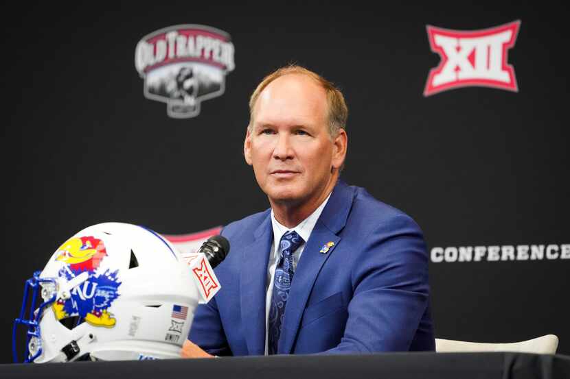 Kanas head coach Lance Leipold speaks to the press during the Big 12 Conference football...