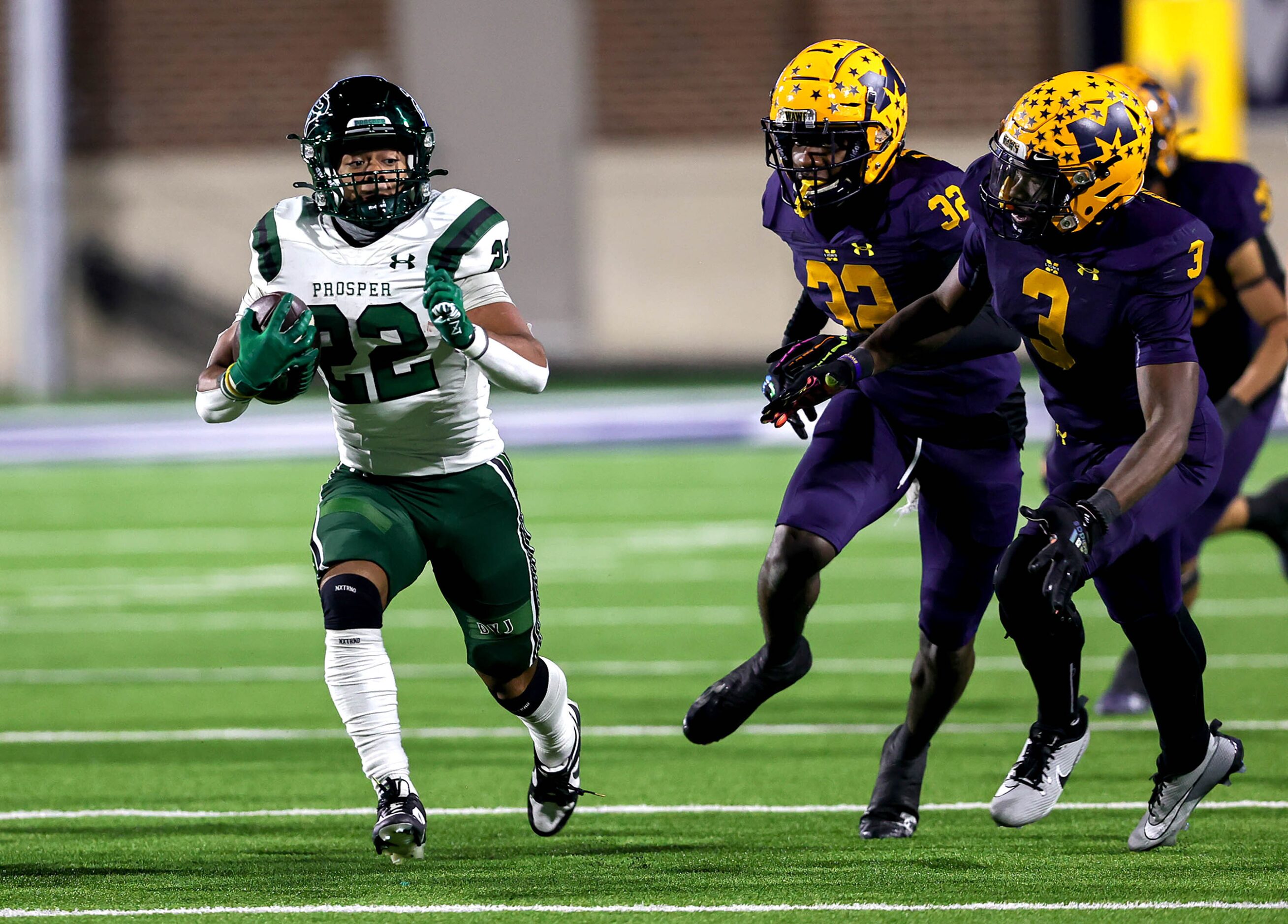 Prosper running back Leo Anguiano (22) races past McKinney linebacker Josiah Brown (32) and...