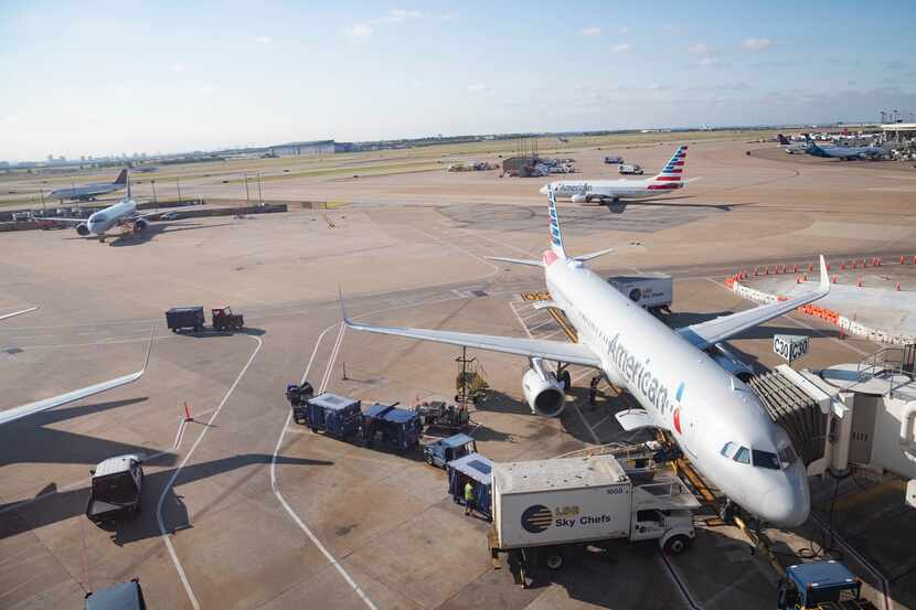 An American Airlines plane sat at terminal C30 at DFW International Airport on July 1, 2022.