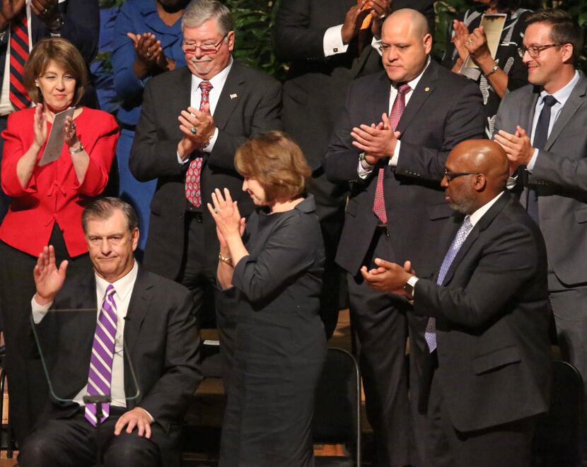 The Dallas City Council — including, at far right, T.C. Broadnax — gave Mayor Mike Rawlings...