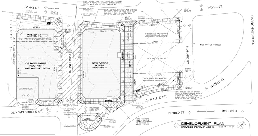 The proposed tower would straddle Caroline Street near Field and Harry Hines.