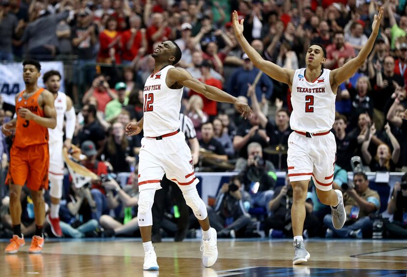 DALLAS, TX - MARCH 17:  Keenan Evans #12 and Zhaire Smith #2 of the Texas Tech Red Raiders...