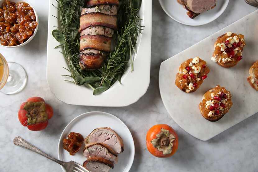 Persimmon Ginger Jam, Bacon Wrapped Pork Tenderloin and Persimmon Goat Cheese Crostini