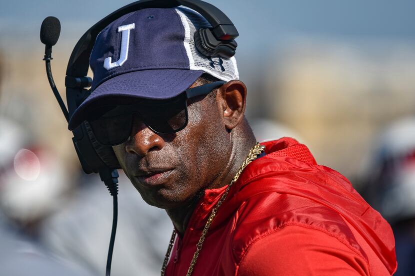 Jackson State head coach Deion Sanders looks on during an NCAA college football game against...