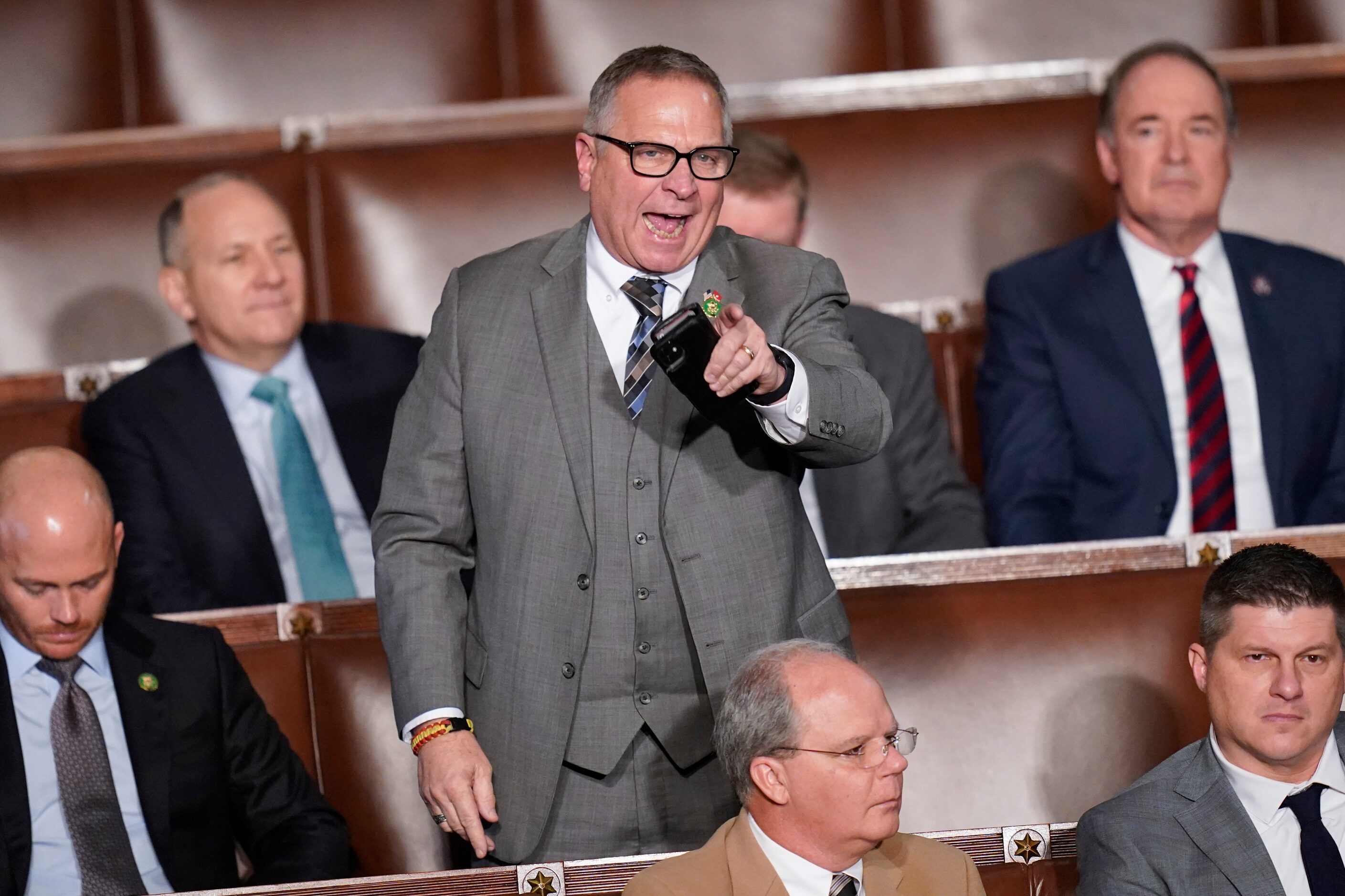 Rep. Mike Bost, R-Ill., interrupts Rep. Matt Gaetz, R-Fla., as he nominated Rep. Jim Jordan,...