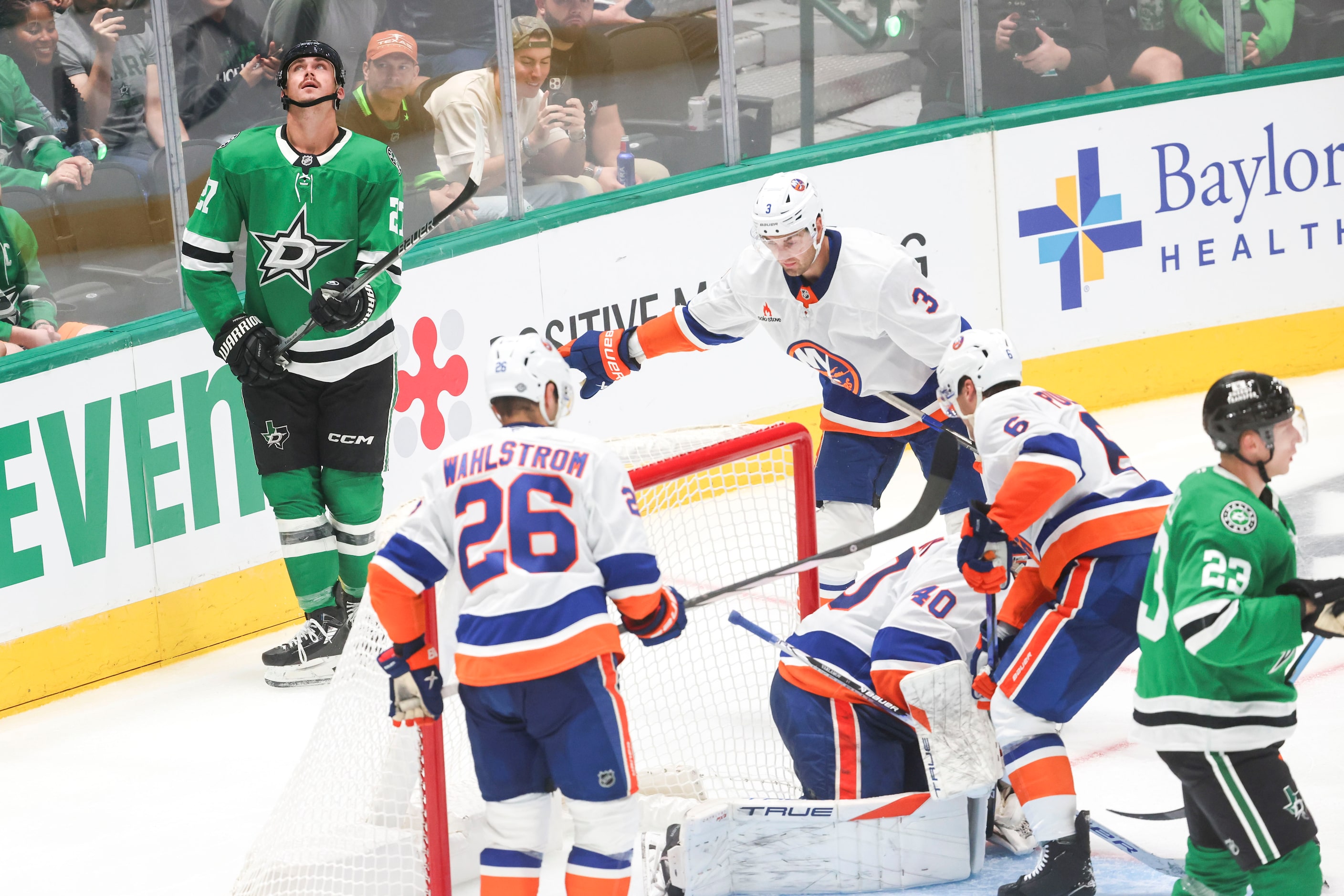 Dallas Stars left wing Mason Marchment (left) reacts after missing to score during the...