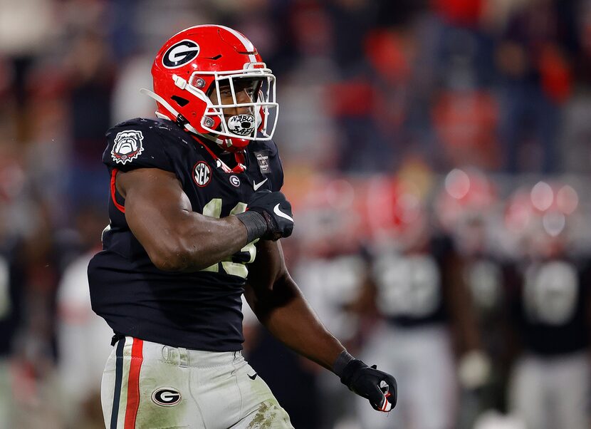 ATHENS, GEORGIA - NOVEMBER 21:  Azeez Ojulari #13 of the Georgia Bulldogs reacts after...