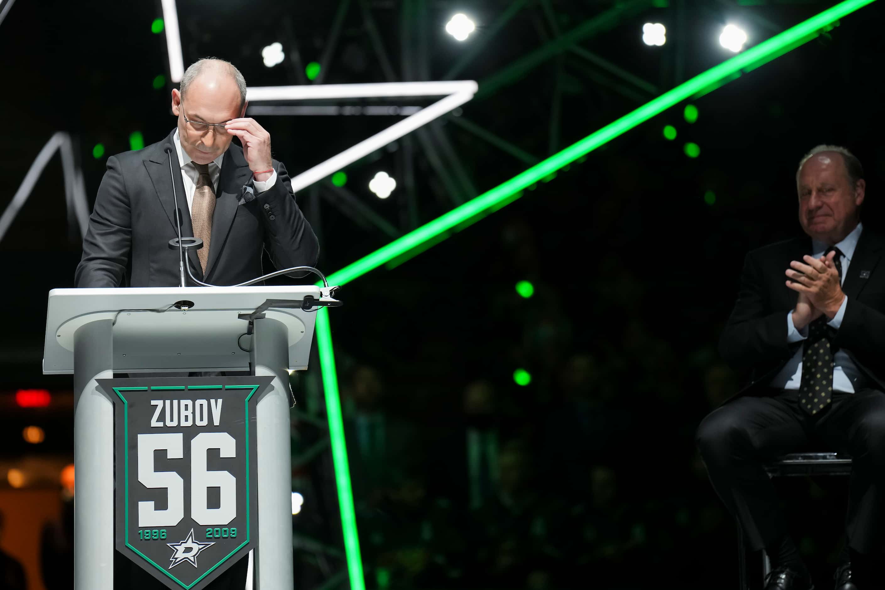 Former Dallas Stars player Sergei Zubov pauses as he addresses the crowd during ceremonies...