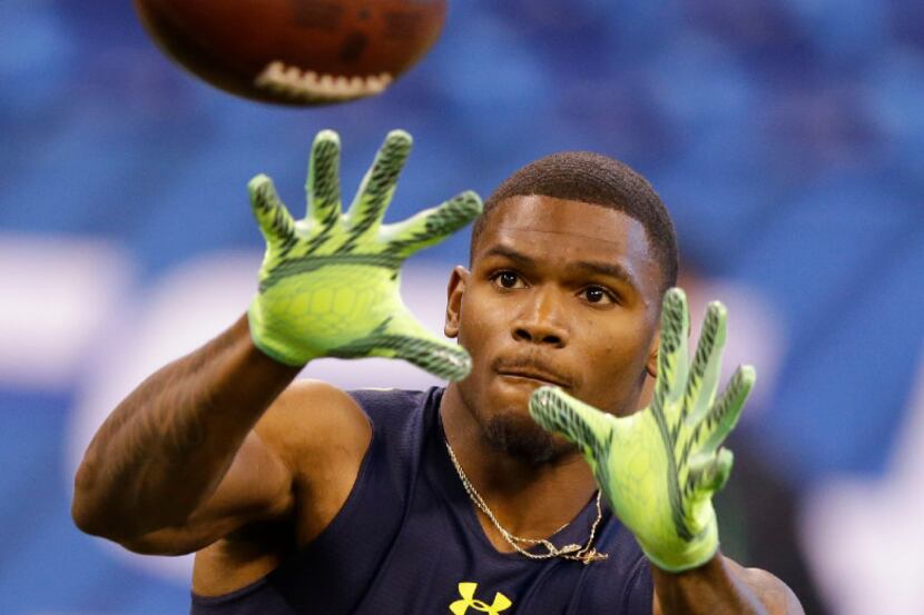 Baylor wide receiver K D Cannon makes a catch as he run a drill at the NFL football scouting...