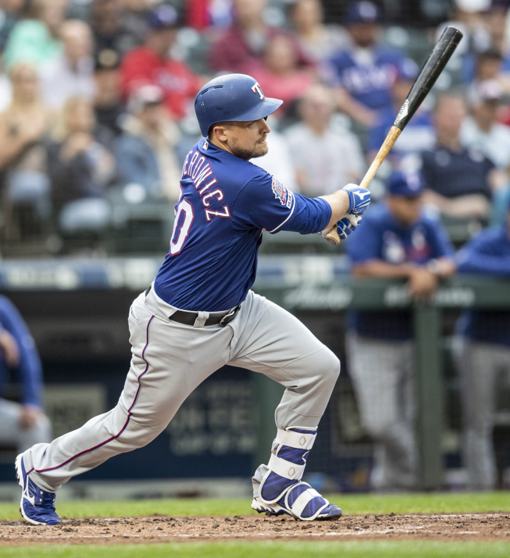 SEATTLE, WA - JULY 23: Tim Federowicz #50 of the Texas Rangers hits a RBI-single off of...