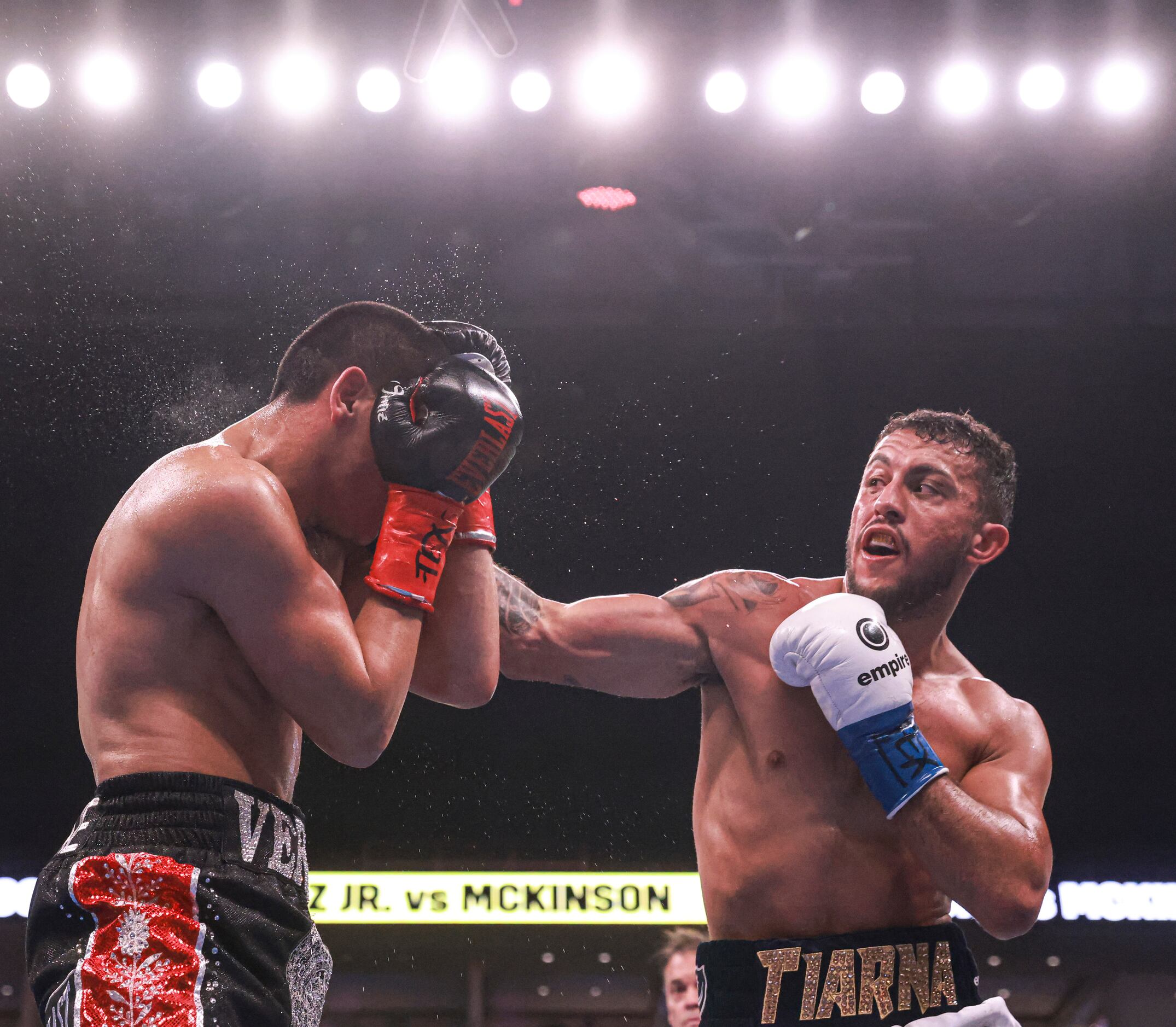 Vergil Oritz Jr. gets punched by Michael McKinson, Saturday, August 6, 2022, at Dickies...