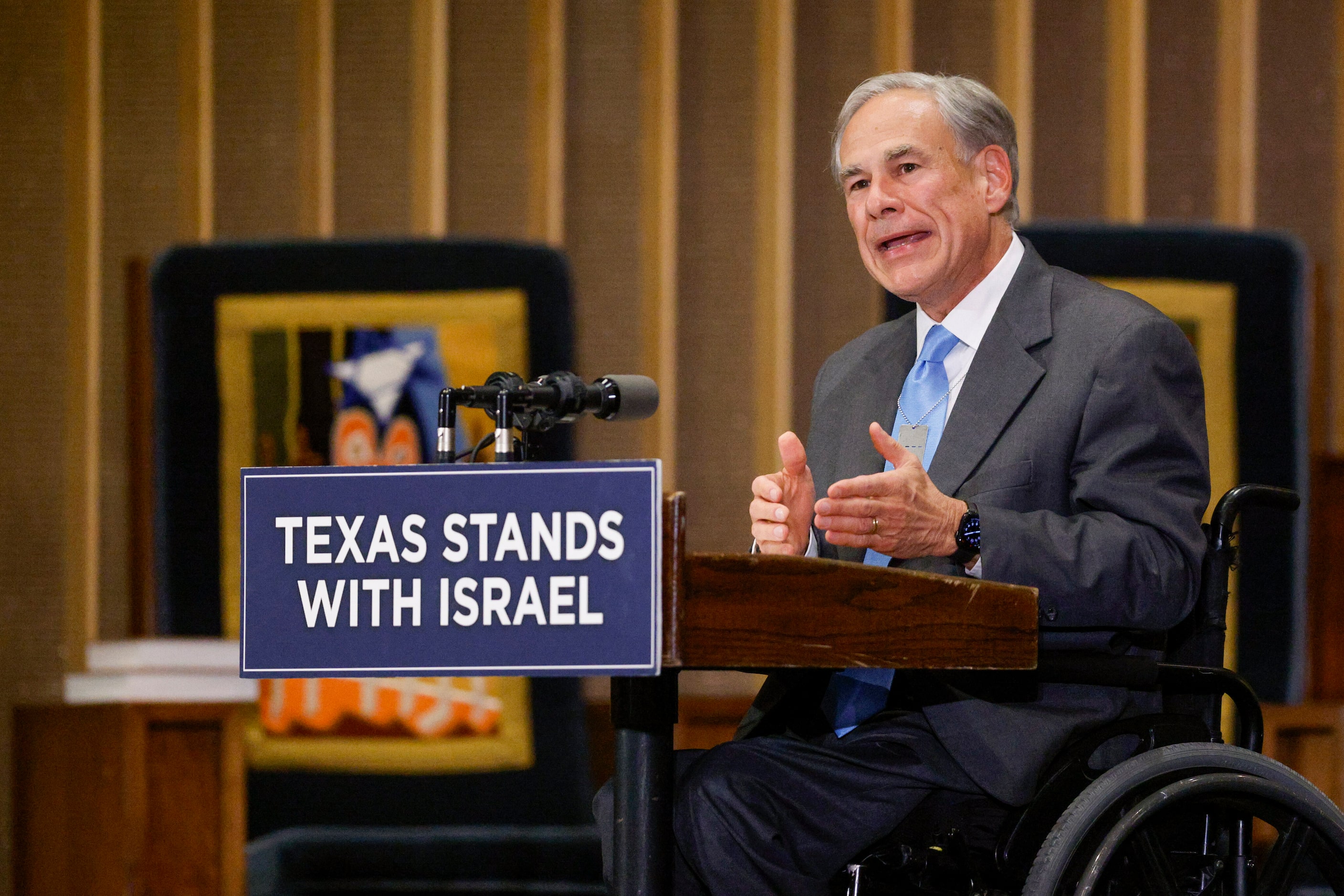 Gov. Greg Abbott speaks during a community event commemorating the Oct. 7, 2023 attack in...