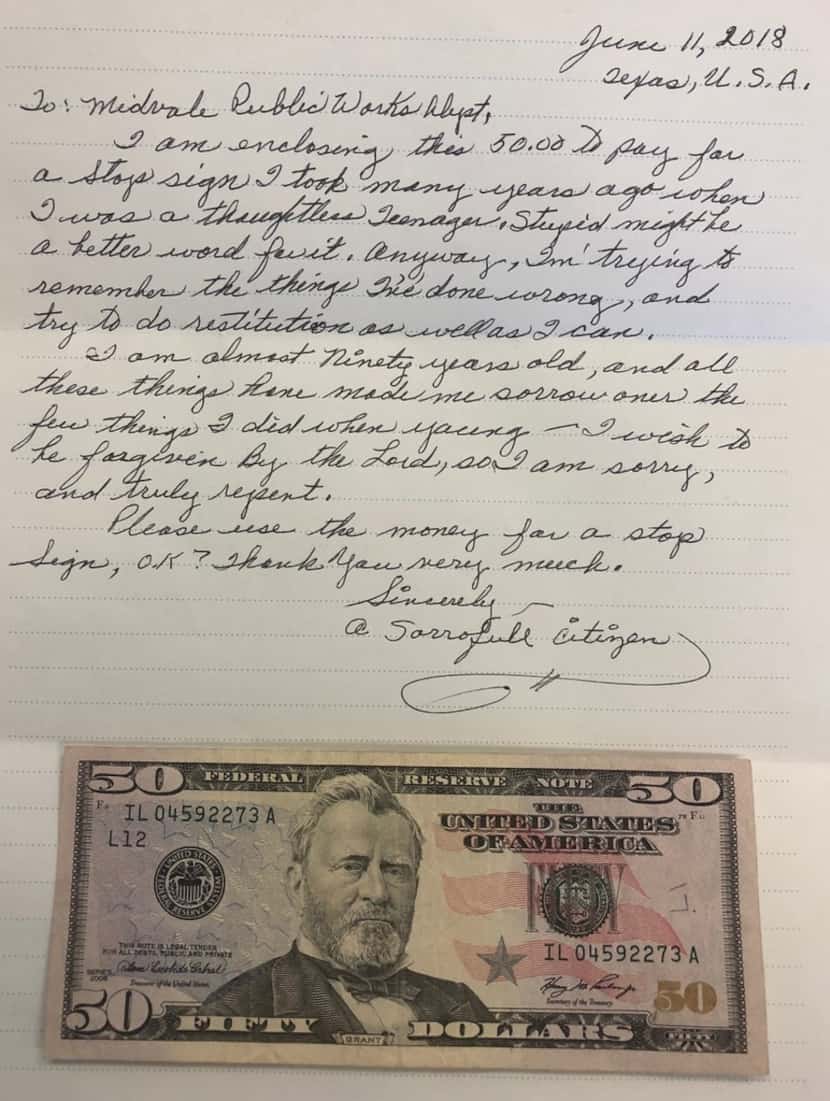 A $50 bill was mailed along with an apology letter sent from Texas to a Utah town where the...