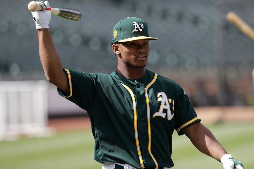 Oakland Athletics draft pick Kyler Murray waits to hit during batting practice before a...