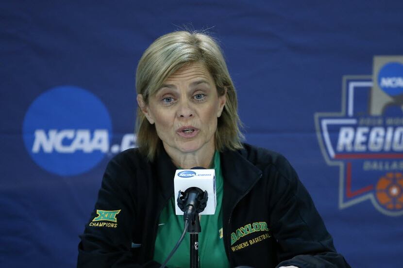 Baylor Coach Kim Mulkey speaks during a press conference at American Airlines Center in...