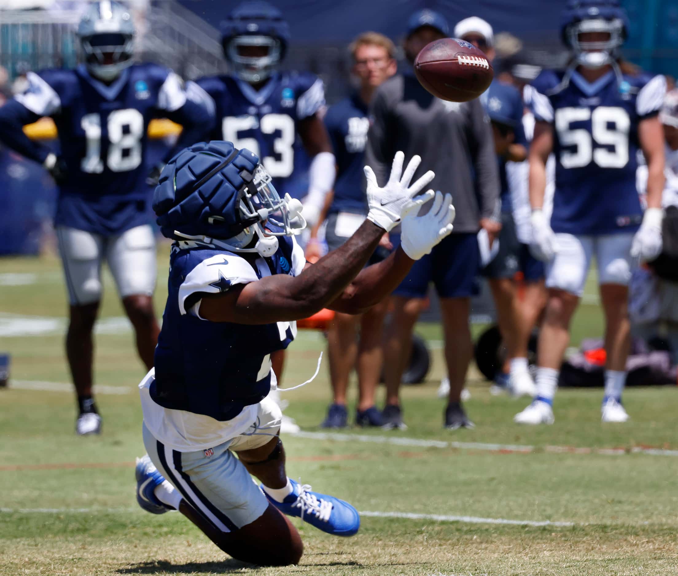 Dallas Cowboys cornerback Jourdan Lewis (2) nearly comes up with an interception during team...