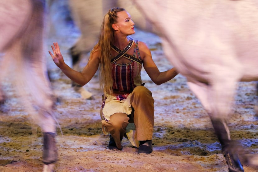 Elise Verdoncq (cq) performs with a group of Arabian horses during a preview of Cavalia's...