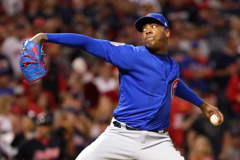 CLEVELAND, OH - NOVEMBER 01:  Aroldis Chapman #54 of the Chicago Cubs throws a pitch during...