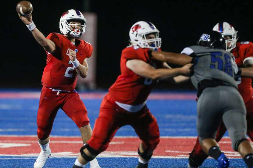 Parish Episcopal quarterback Preston Stone (2) fires off a pass during a high school...