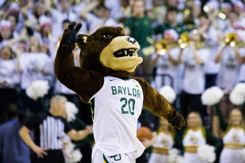 Baylor Bears mascot leads the crowd in a cheer during the second half of an NCAA men's...