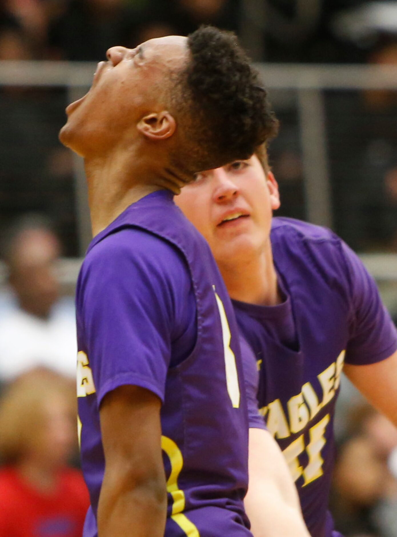 Richardson guard Rylan Griffen (3) lets out a howl near teammate Gannon Parker (41) after...