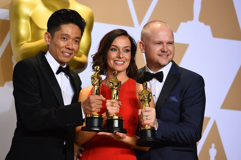 Kazuhiro Tsuji (from left) Lucy Sibbick and David Malinowski won the Academy Award for best...