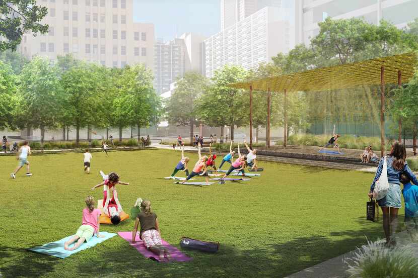 A rendering of Harwood Park, a planned nearly 4-acre greenspace about two blocks from the...
