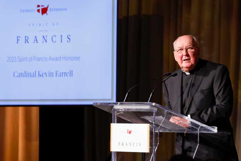 Cardinal Kevin Farrell speaks after during the Catholic Extension’s Dallas Award dinner...