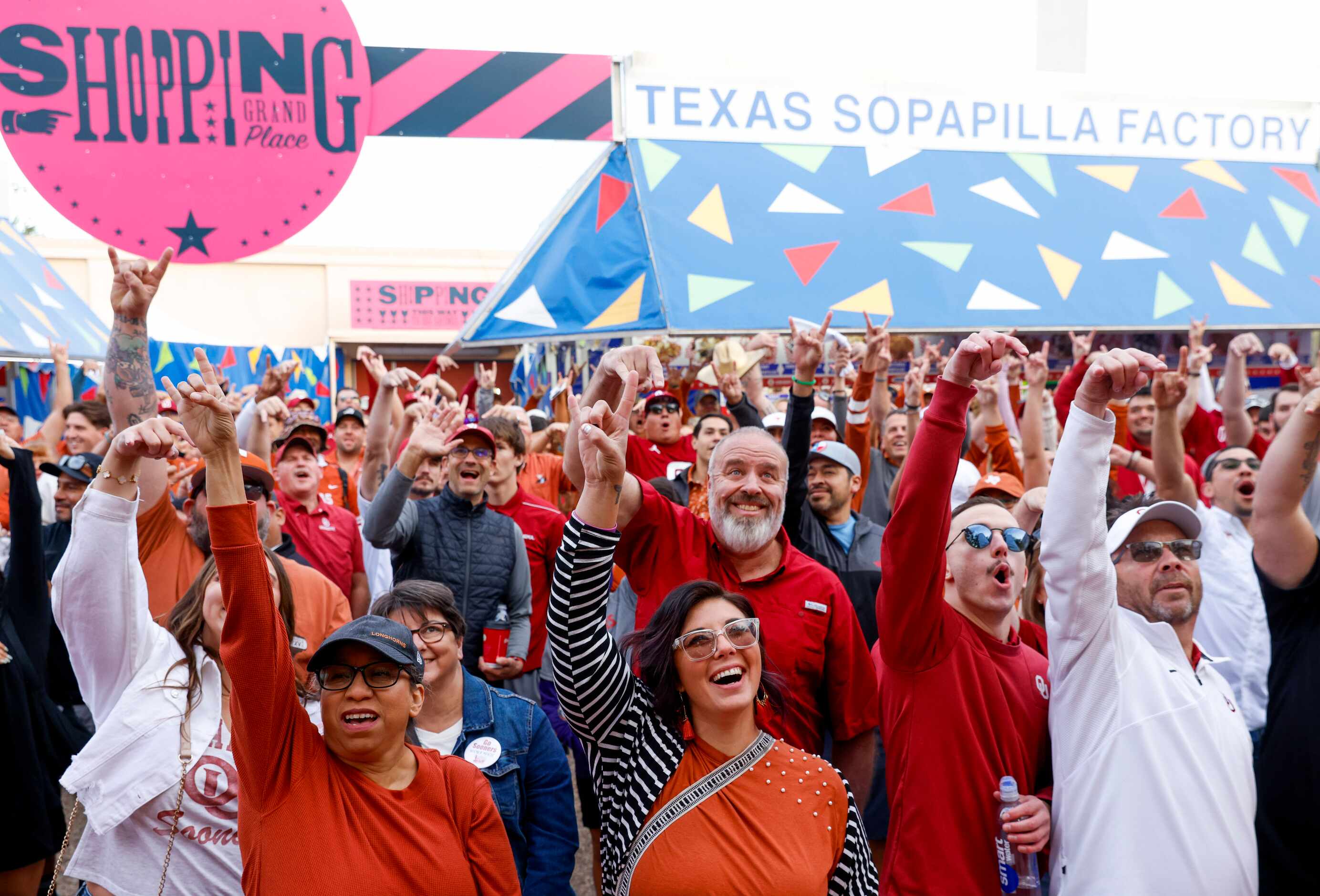 Fans gather ahead of the Red River Showdown outside of the Cotton Bowl for ESPN Game Day, on...