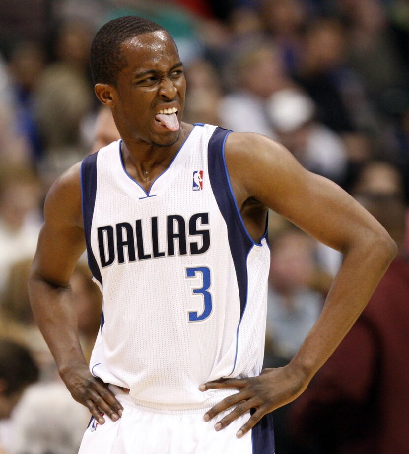 Mavericks guard Rodrigue Beaubois (3) makes a face after a timeout was called during the...