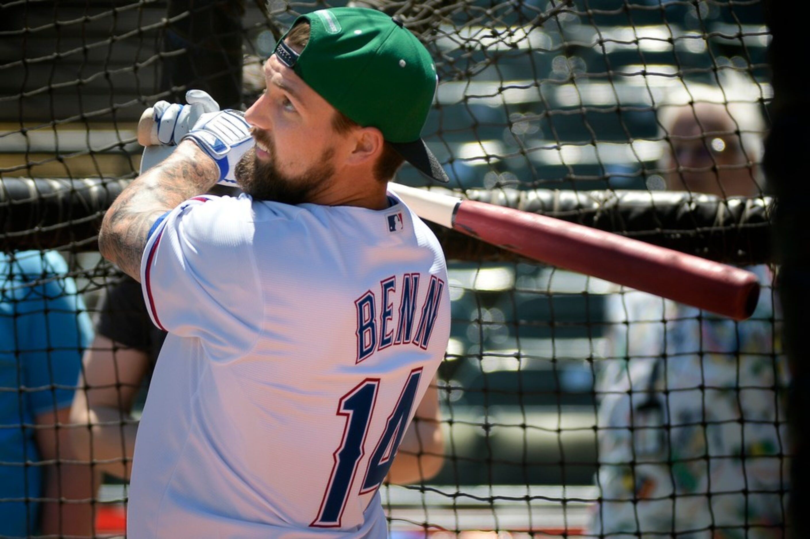 Dallas Stars team captain and left wing Jamie Benn takes batting practice before a baseball...