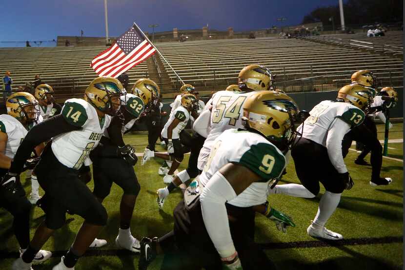 DeSoto takes the field against South Grand Prairie at Gopher-Warrior Bowl in Grand Prarie on...