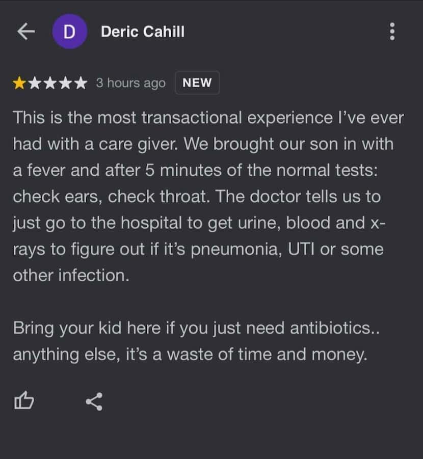 A screen capture of Deric Cahill's Google review about his experience at Children's Health...