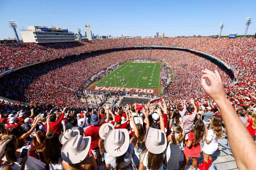 Oklahoma fans cheer during the Red River Rivalry at the Cotton Bowl against Texas, on...