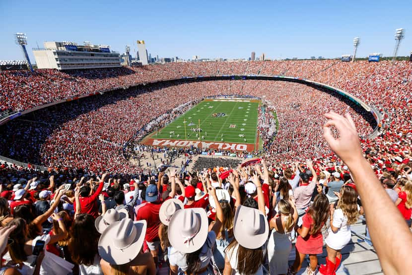 Oklahoma fans cheer during the Red River Rivalry at the Cotton Bowl against Texas, on...